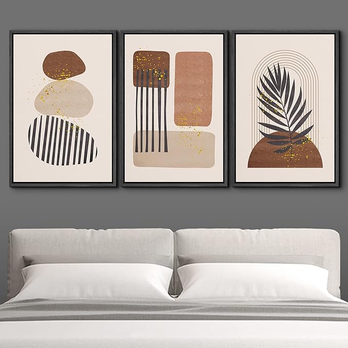 IDEA4WALL Framed Canvas Print Wall Art Set Geometric Mid-Century Pastel Polygon Tropical Leaf Abstract Shapes Illustrations Modern Art Nordic for Living Room, Bedroom, Office - 24"x36"x3 Black