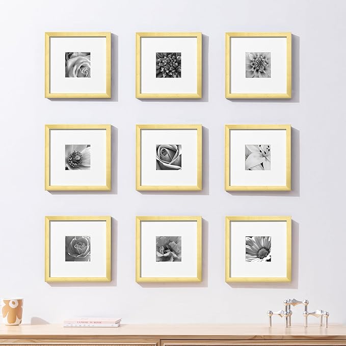 eletecpro 10x10 Picture Frames Set of 9 with Mat for 5x5 Photos or without Mat for 10x10, Square Gallery Wall Decor Collage for Picture Display, Gold Frame Set for Wall Hanging