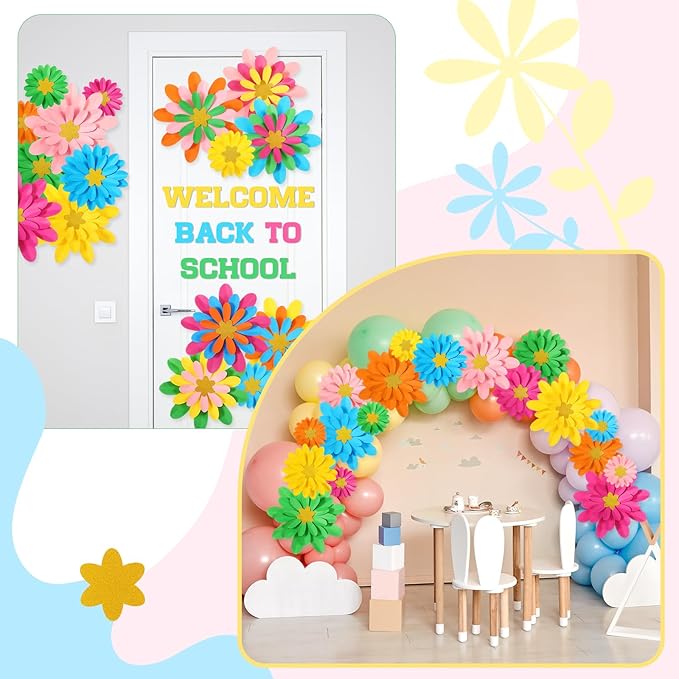 18 Pcs Paper Flowers Decor for Wall DIY Flower Bulletin Board 3D Spring Fiesta Mexican Paper Floral Decoration for Photo Backdrop Classroom Back to School Party(Rounded Star,Rainbow)