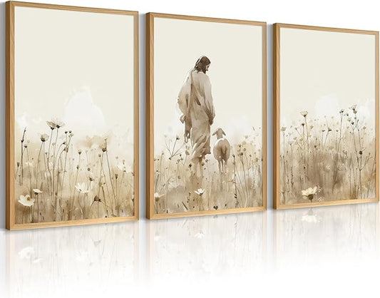 Jesus Leaves the 99 Sheep Wall Art Christian Canvas Poster Jesus and Lamb Wall Decor Religious Pictures Lost Sheep Painting God Christ Painting Artwork for Bedroom Living Room 12x16x3 Inch Unframed