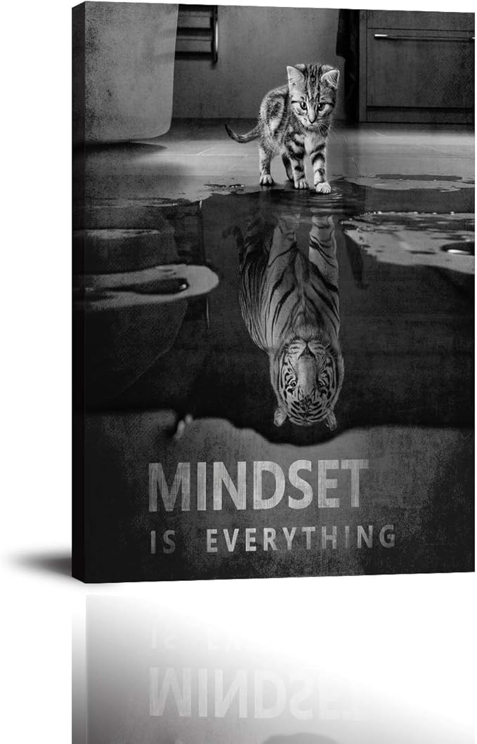 Inspirational Wall Art Posters Mindset is Everything Canvas Painting Small Cat Big Tiger Pictures Print Poster Artwork Wooden Home Decor for Living Room Bedroom Office Framed Ready to Hang - 24x36 in