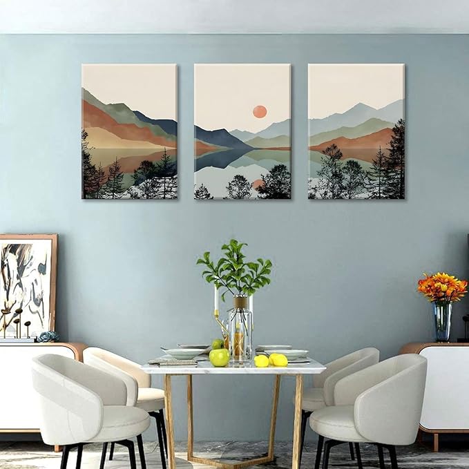 Bwodke Canvas Wall Art Framed Mountain Wall Art Set of 3 Boho Watercolor Nature Landscape Picture Decor Sun Forest Abstract Prints Artwork Painting for Living Room Bedroom Office 12"x16"