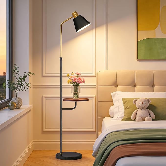 Black Floor Lamp with Walnut Side Table for Living Room Bedroom, Modern Standing Lamp 12W LED 3-Color Dimmable 3000K/4500K/6500K, Adjustable Reading Light with Shelf for Home Office Corner end