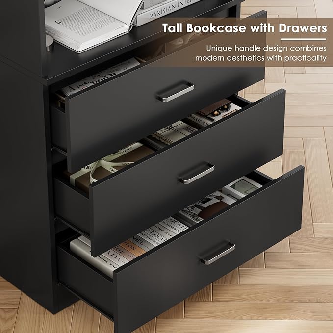 FOTOSOK 71“H Black Bookshelf with Drawers, Bookshelf and Bookcase with 3-Tier Open Shelves, Tall Bookcase Tall Storage Cabinet for Home Office