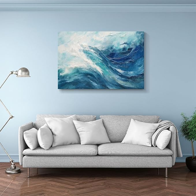 gaosoul Canvas Print Modern Abstract Ocean Paintings Blue and White Wall Art Poster or Living Room Bedroom Hallway Office Decoration 48x32in