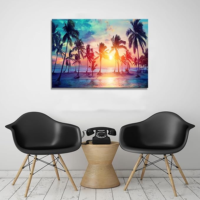 DZL Art S75569 Canvas Wall Art Palm Trees Silhouettes On Tropical Beach At Sunset Beach Seascape Painting Nature Pictures for Living Room Home Office Wall Decor Artwork