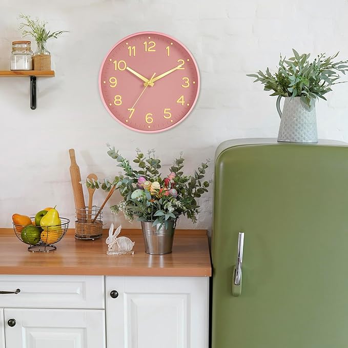 Silent Wall Clocks Battery Operated 8 Inch-Modern Non Ticking Analog Clock Decorative for Kitchen Office Bathroom Bedroom(Pink Gold)