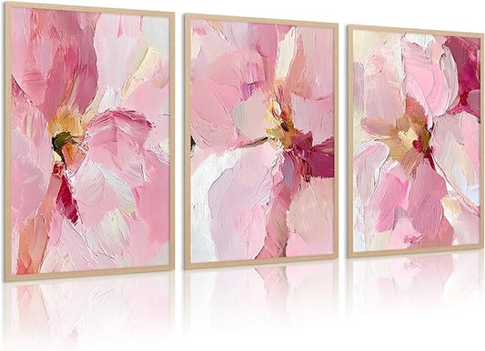Abstract Floral Wall Art Pink Flower Canvas Pictures Modern Wall Decor Blush Pastel Pink Prints Peony Painting Minimalist Poster Botanical Artwork for Bedroom Living Room 16x24 Inch Unframed set of 3