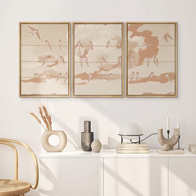 SIGNWIN Framed Canvas Print Wall Art Set Minimal Birds on Wires Neutral Sky Illustrations Modern Art Decorative Nordic Abstract for Living Room, Bedroom, Office - 16"x24"x3 Natural