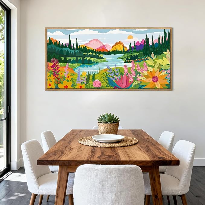 ANHUIB Large Colorful Wildflower Wall Art 20x40 Inch Framed Boho Abstract Floral Wall Decor Forest Woodland Painting Muticolor Mountain Range Illustration for Living Room Dining Room Bedroom