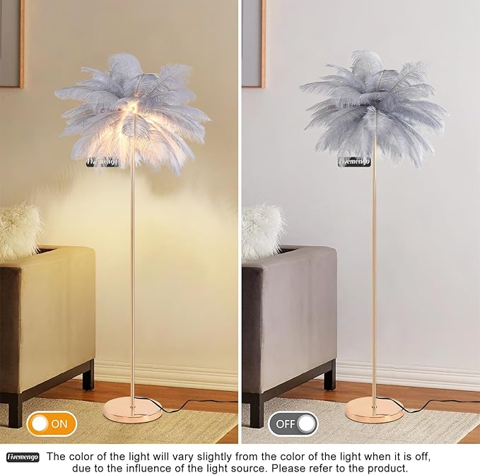 Feather Floor Lamp for Living Room, Fluffy Ostrich Feathers Lamp, Rose Gold Color Body, 3 Color Temperatures Modern Funky Arc Tall Standing Lamp for Bedroom Inclued Bright LED Bulbs (Grey)