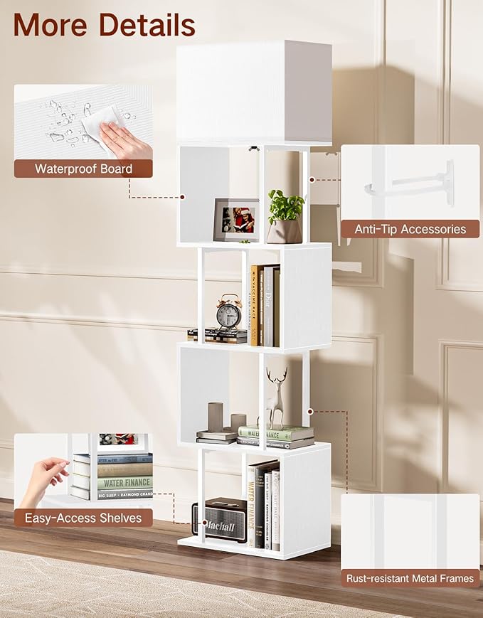 5-Tier Floor Lamp with Shelves & Remote, Dimmable S-Shaped Bookshelf with 3 Color Temperature, 1-Hour Timer, Tall Corner Standing Lamp for Living Room, Bedroom, Office