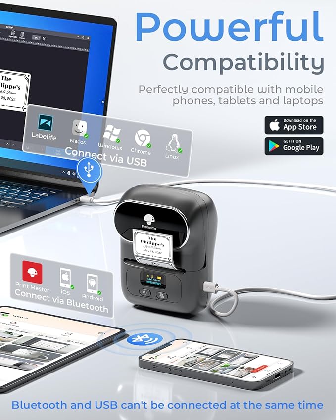 Phomemo M110 Label Makers- with 3 Rolls Labels, Barcode Label Printer Thermal Bluetooth Portable Printer for Small Business, Address, Logo, Clothing, Mailing, Sticker Printers for Phone & PC, Gray