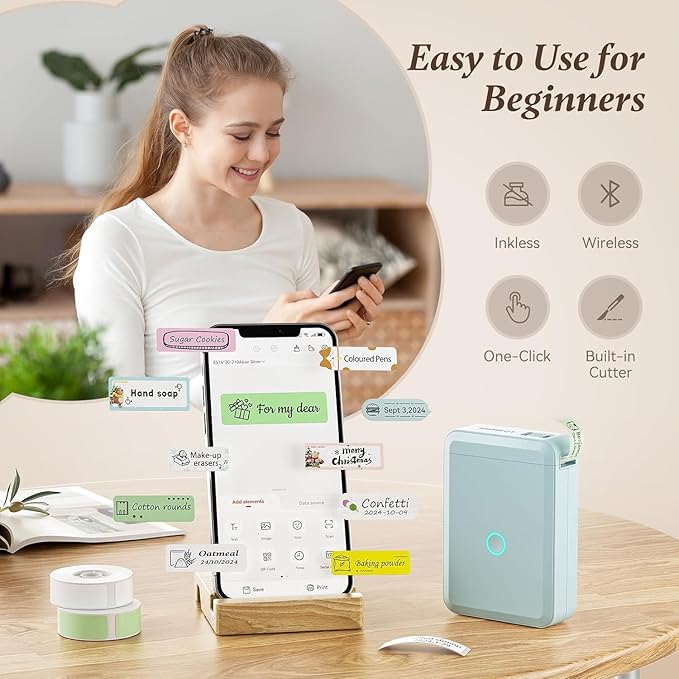 Label Maker D110 Bluetooth Thermal Label Maker Machine with Tape, Portable Inkless Label Printer Handheld & Rechargeable with Multiple Templates for Home Office, Compatible with iOS Android, Blue