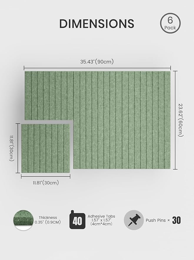 Bumusty Large Cork Board Alternative-36 x 24" Felt Bulletin Board Tiles, with 30 Pushpins, 40 Adhesive Tabs, 6-Pack Slat Wall Paneling, Cork Boards for Office Push Pin Board Felt Board-Moss Green
