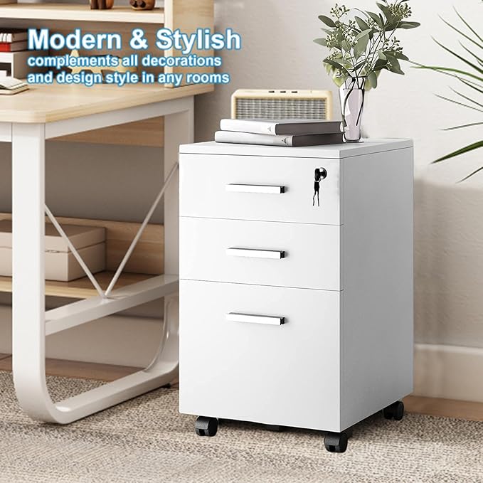 Drawer Chest Wood File Cabinet Rolling Organizer Storage Dresser with Wheels for Home Office, Mobile File Cabinet, Rolling Printer Stand with 3 Drawers, Vertical Filing Cabinet for Home Office (White)