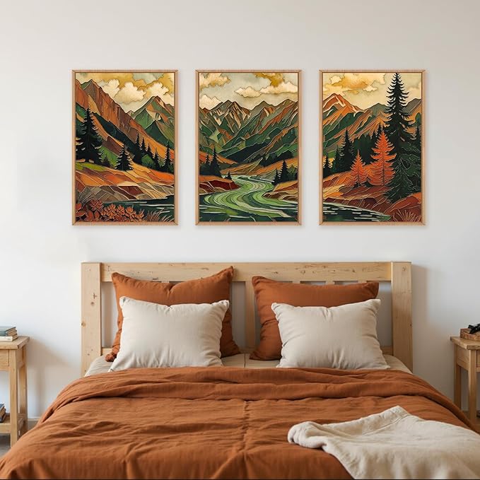 HPINUB Abstract Boho Mountain Framed Canvas Wall Art Set,Vibrant Forest Pine Tree Wall Decor,Textured Landscape Artwork Rustic Linear Scenery Art Print for Living Room,Bedroom,Office-16 x24 x3