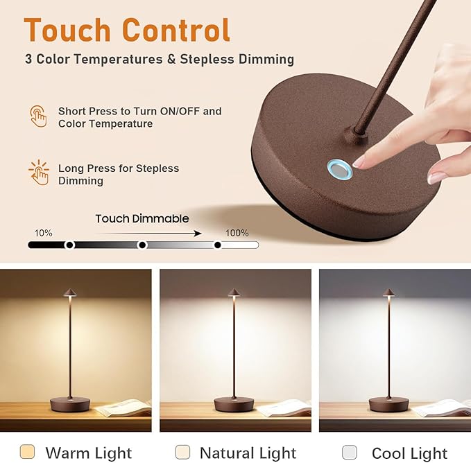 Set of 2 Rechargeable Cordless Table Lamp,6000mAh LED Battery Operated Desk Lamp Touch 3 Color Dimming Portable Outdoor Waterproof Table Light for Patio/Restaurant/Dining/Home (Rust)
