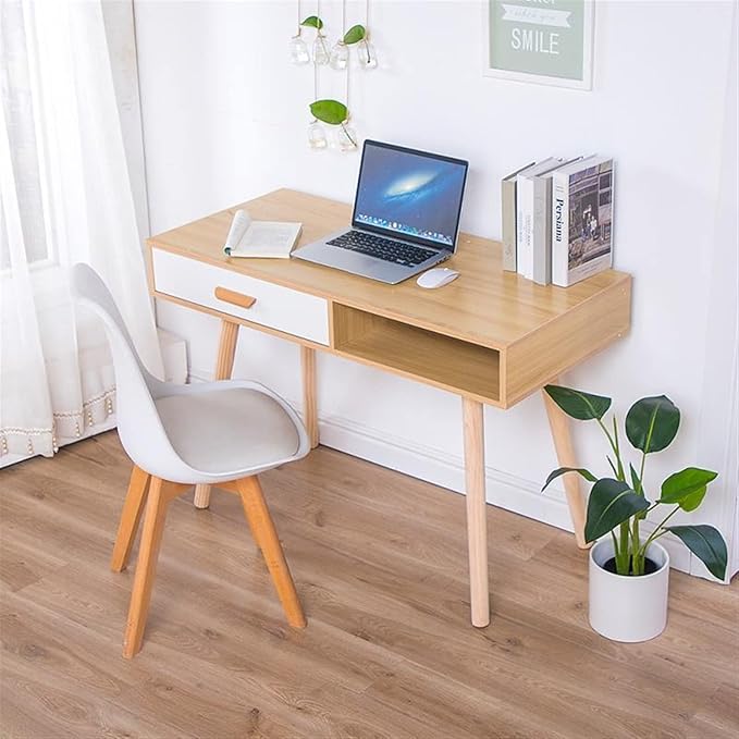GLigeT Office Desk Writing Desk with Drawer White Modern Style Desk Small Wood Home Office Desk Simple PC Laptop Desk for Small Space, Easy to Install Study Writing PC Desk