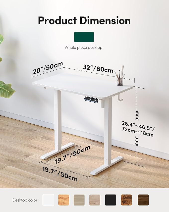 CubiCubi 32 x 20 Small One-Piece Standing Desk, Adjustable Height Electric Computer Sit Stand up Home Office Workstation, with 4 Memory Presets, Headphone Hook, White