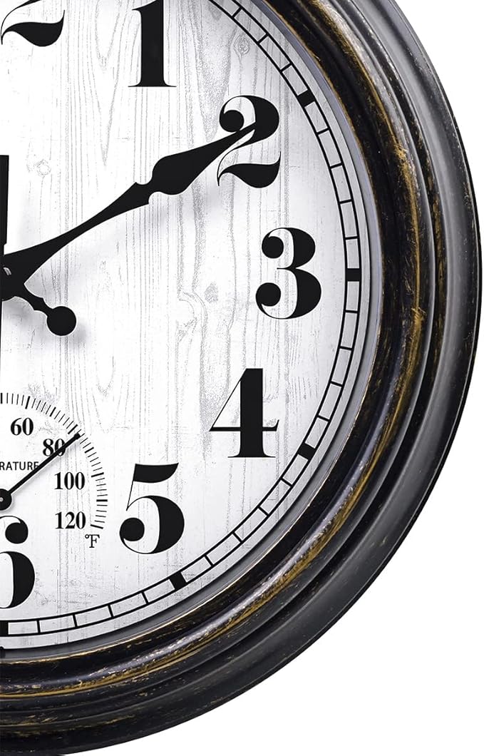 45MinST 12 Inch Indoor/Outdoor Retro Round Waterproof Wall Clock with Thermometer, Silent Non Ticking Battery Operated Quality Quartz Wall Clock Home/Patio Decor(Black Gold)