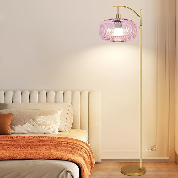 Pink Floor Lamp for Living Room,Bedroom,Gold Dimmable Standing Lamp with Remote,Mid Century Modern Brass Tall Lamp Boho Floor Lamps Arc Stained Glass Flower Floor Light Lamp Girls kids Bohemian