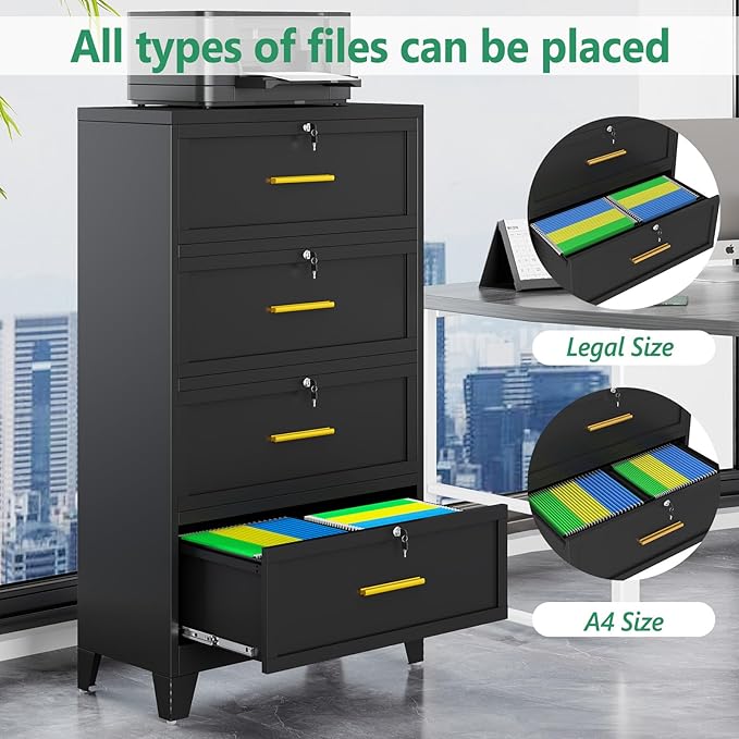 Metal Lateral File Cabinet with Lock,4 Drawer Steel Wide Filing Organization Storage Cabinets,Office Filing Cabinet for Legal/Letter/A4/F4 Size with Hanging Files&Key,Lockable Cabinets for Home Office