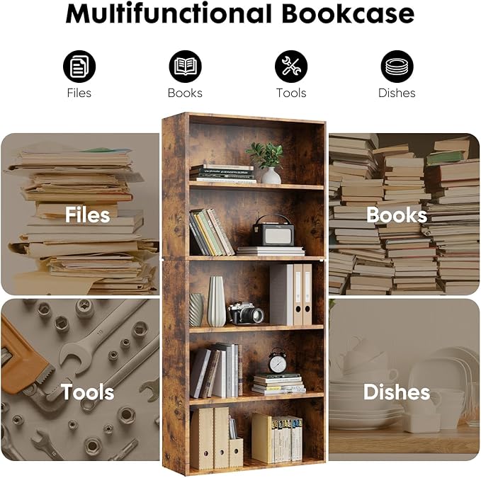 Book Shelf, 5-Tier Bookcase with Adjustable Shelves, Open Storage Shelves for Organization, 23.82 x 9.25 x 53, for Bedroom, Living Room, Home, Office, Rustic Brown