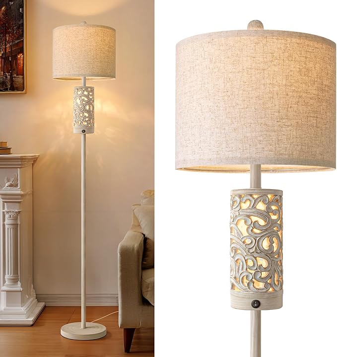 OYEARS 65" Floor Lamp with Night Light,Farmhouse Floor Lamps for Bedroom,Tall Floor Lamp for Living Room,Rustic Floor Lamps,Vintage Standing Lamp with Linen Shade,Boho Reading Lamp for Home Decor