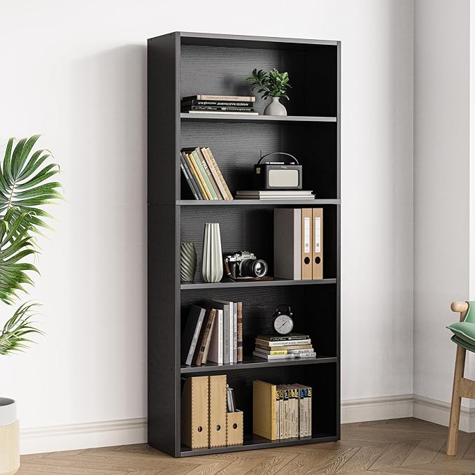 Book Shelf, 5-Tier Bookcase with Adjustable Shelves, Open Storage Shelves for Organization, 23.82 x 9.25 x 53, for Bedroom, Living Room, Home, Office, Black