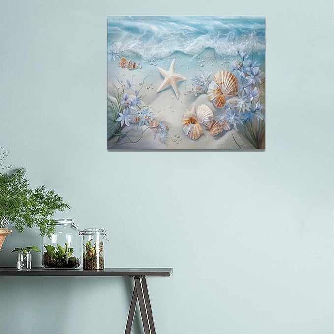 Beach Seashell Bathroom Wall Art Coastal Floral Pictures Wall Decor Flower Starfish Canvas Painting Modern Decoration Artwork for Bathroom Living Room Bedroom Office Framed 24"x20"