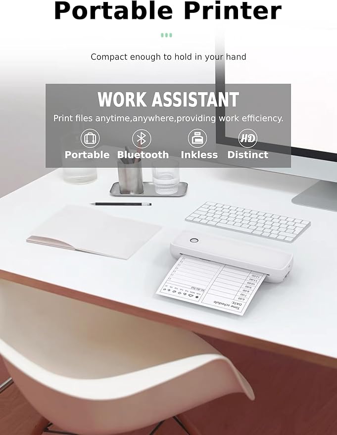 Bewinner A4 Mini Printer - Bluetooth 5.2 200dpi Inkless Portable Thermal Printer, USB Rechargeable Printing Machine with 7 Printing Size for Home Work Travel