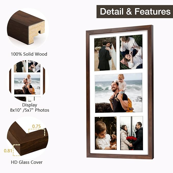 Golden State Art 12x24 Brown Wood Picture Frame - White Mat for 8x10 and 5x7 Photos - Real Glass, Sawtooth Hanger, Swivel Tabs - Wall Mounting - Great for Posters, Weddings, and Engagements