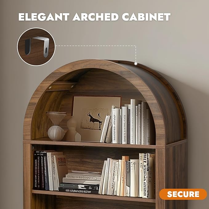 Bookcase, 4-Tier Tall Bookshelf, 47.6" Wood Open Display Floor Arched Book Shelf, Large Storage Organizer for Bedroom and Living Room Brown