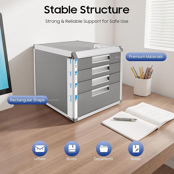 File Cabinet, Desk Organizer with 7 Drawers Metal Desktop Storage Cabinet File Holder with Locks and Keys for Home Office Organization (4 Layers)
