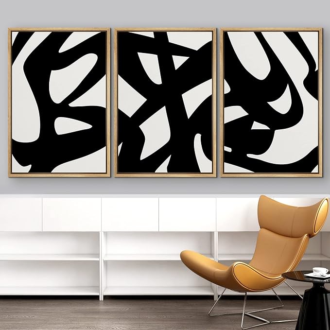 IDEA4WALL Framed Canvas Print Wall Art Set Black White Geometric Graffiti Landscape Abstract Shapes Illustrations Modern Art Contemporary for Living Room, Bedroom, Office - 24"x36"x3 Natural