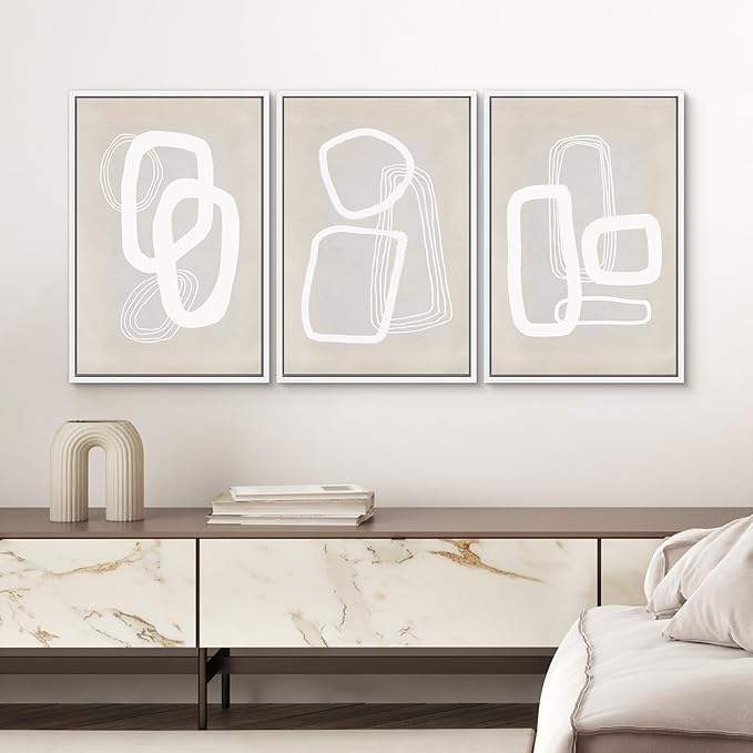 SIGNWIN Framed Canvas Print Wall Art Set Mid-Century Geometric Polygon Variety Abstract Shapes Cozy Neutral Decorative Contemporary Minimal for Living Room, Bedroom, Office - 16"x24"x3 White