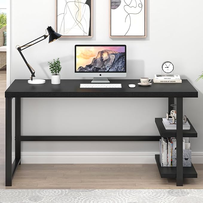 EXCEFUR Black Desk, Modern Computer Desk for Home Office, Metal Wood Writing Study Table Workstation with Storage Shelf for Living Room, Bedroom, 53 Inch