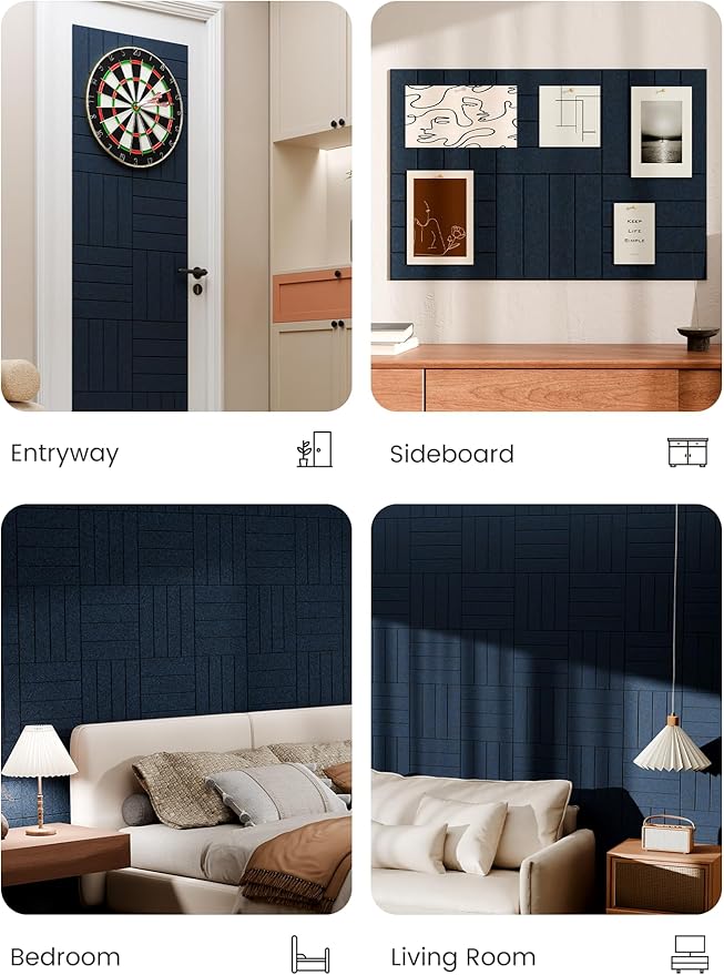 Bumusty Large Cork Board Alternative-36 x 24" Felt Bulletin Board Tiles, with 30 Pushpins, 40 Adhesive Tabs, 6-Pack Slat Wall Paneling, Cork Boards for Office Push Pin Board Felt Board-Carbon Blue