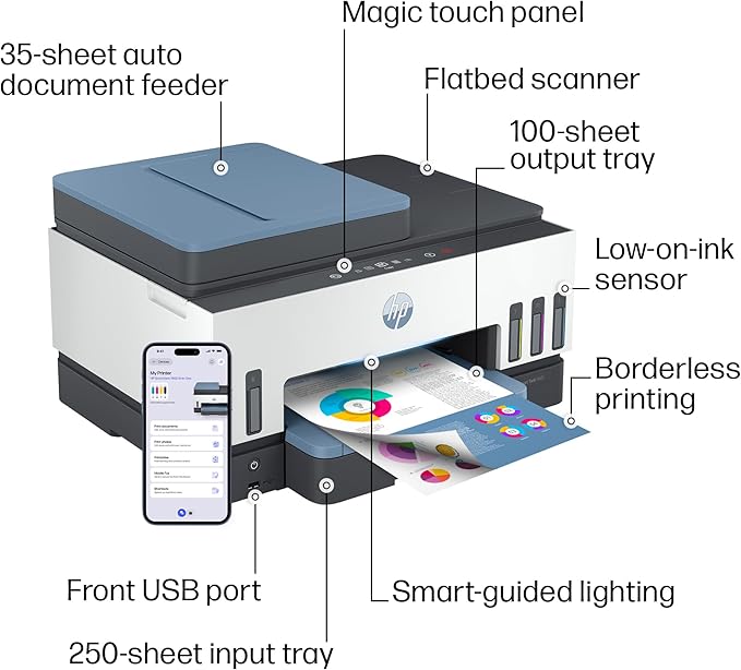 HP Smart Tank 7602 Wireless All-in-One Ink Tank Printer, Scanner, Copier with 2 Years of Ink Included, Best-for-Home Office, Cartridge-Free Refillable, AI-Enabled (28B98A)