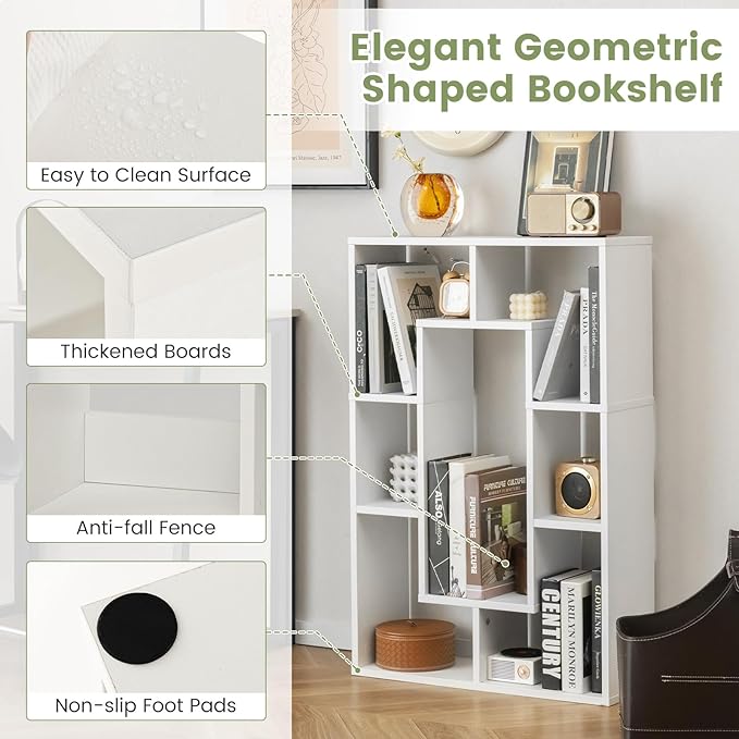 Tangkula 35.5” Geometric Bookshelf, Freestanding Wood Open Bookcase with 7 Cubes, Anti-Toppling Devices, Home Office Décor Rectangular Storage Shelf Display Rack for Study Living Room (2, White)