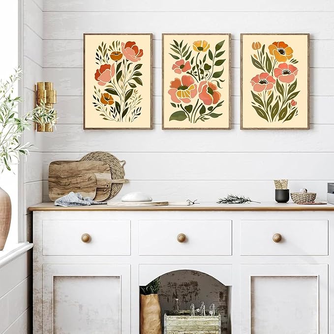 SFXYRTAH 3Pcs Boho Floral Wall Art Abstract Botanical Flower Canvas Prints Minimalist Plant Posters Printing Artwork for Living Room Bedroom Office Home Decor Unframed (16x24in posters)