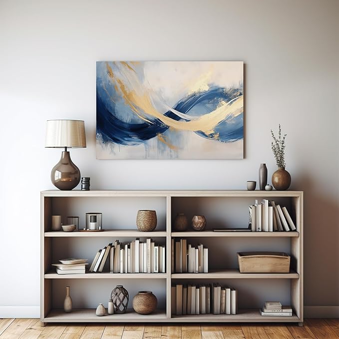 gaosoul Blue Gold Abstract Canvas Art Modern Oil Painting Giclee Print Bold Navy Azure Swirls with Metallic Gold Highlights for Living Room Home Office Decor Framed 30x20in