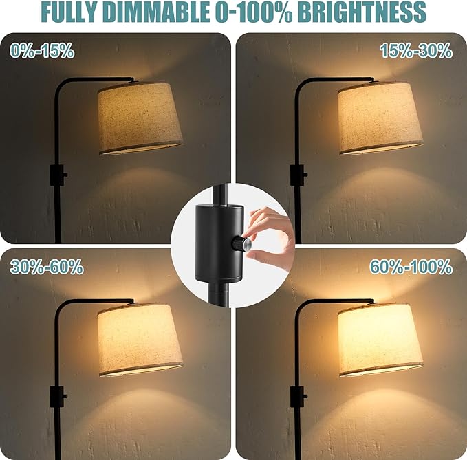Corner Floor Lamp with Table, Black Modern Standing Lamp with Shelf, Dimmable Arc Tall Side Table with Lights for Living Room Bedroom Office with Adjust Head, Rotary Switch，LED Bulb Included