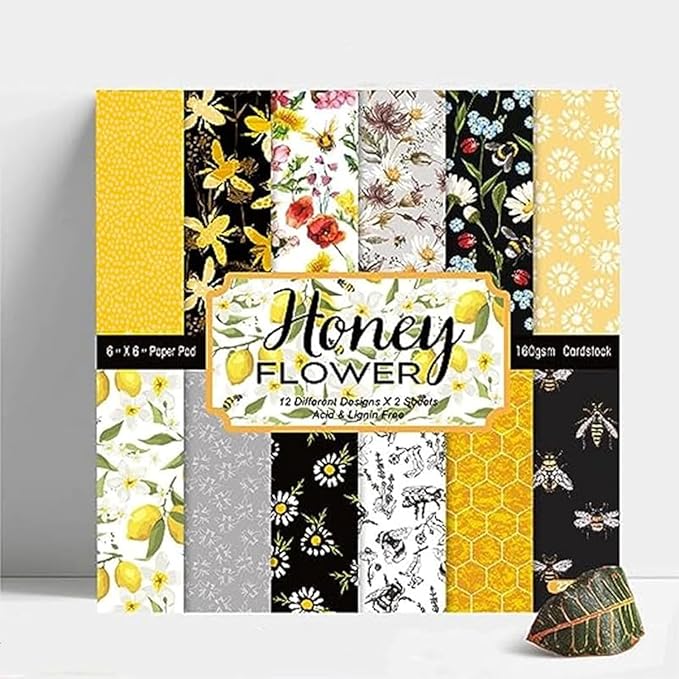 Honey Bee Flower Scrapbook Pad – 24 Sheets 6x6 Single-Side Craft Sheets for Card Making, Journals, DIY Projects, Vintage Yellow Black Floral Designs