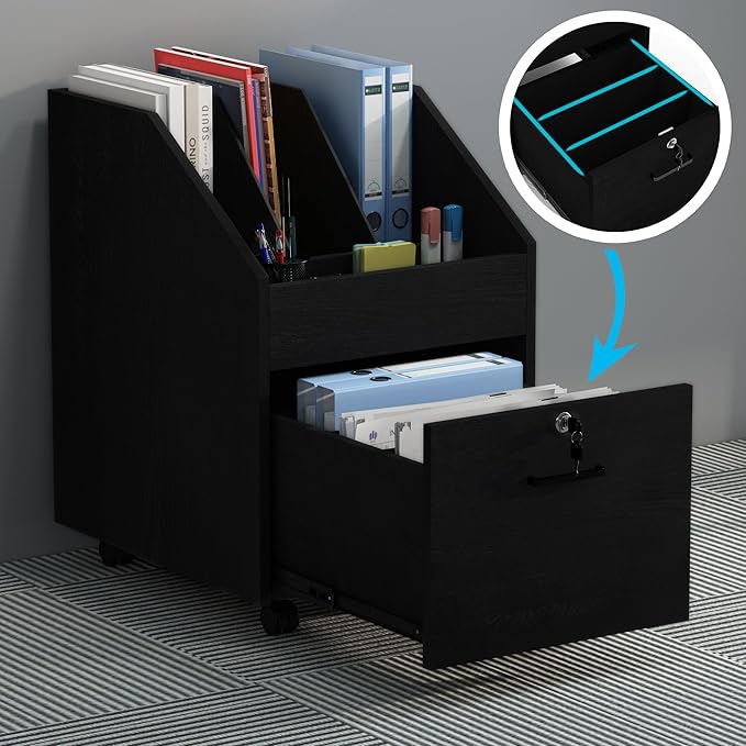 Mobile File Cabinet with Lock,Under Desk Rolling File Cabinets for Home Office,Wood Filing Cabinet (Black)