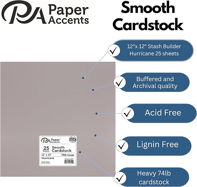 PA Paper Accents Smooth Cardstock 12" x 12" Hurricane, 74lb colored cardstock paper for card making, scrapbooking, printing, quilling and crafts, 25 piece pack