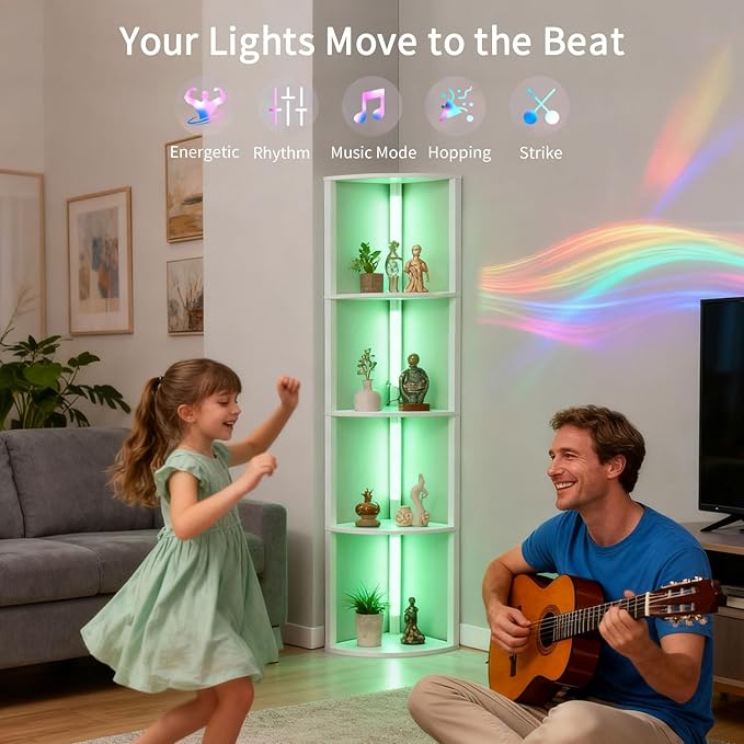 RGBCW Floor Lamp with Shelves, Smart Modern Floor Lamp with Music Sync, Color Changing Corner Display Shelf Lamp, Dimmable Standing Lamp for Living Room and Bedroom, Office, White
