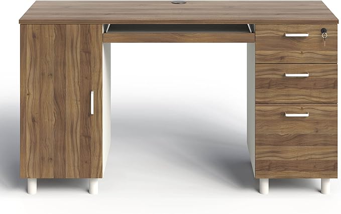 Modern Design Venice Computer Office Desk with 3 Locking Drawers and Storage Cabinet, 53 Inch Home and Office Executive Walnut and White Desk with Keyboard Tray by Crafts and Comfort
