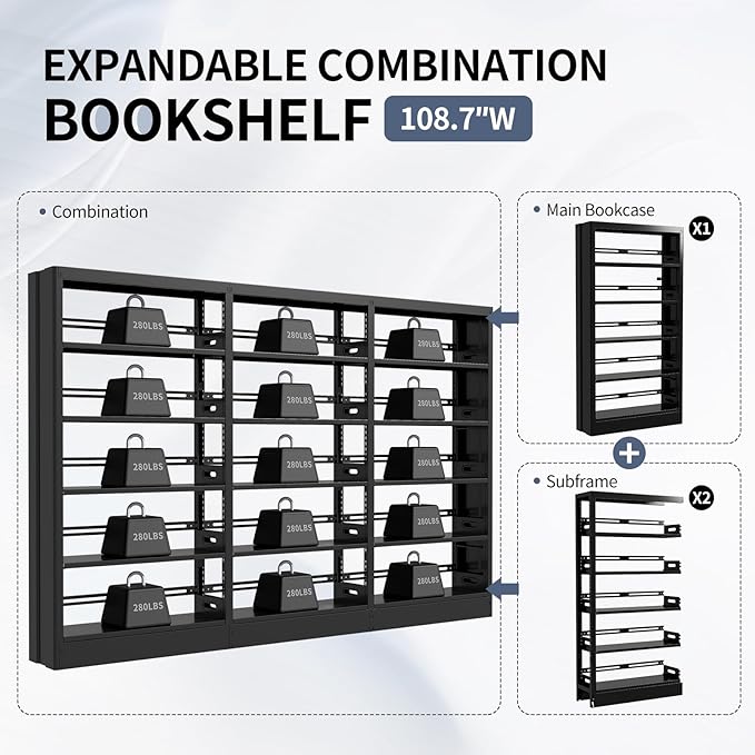 70.9" H Metal Bookshelf, Adjustable Bookcase, 5-Tier Heavy Duty Bookshelf with Bookend, Tall Bookshelves, Bookcase Shelf for Living Room, Office, Library,Classroom (Black-108.30W)